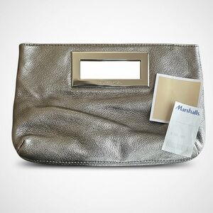 Michael Kors Pewter Metallic Leather Evening Clutch Silver Hardware Handle Bag